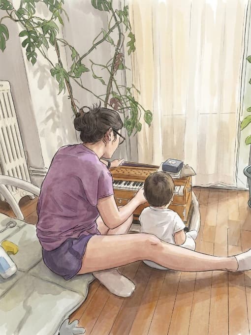 Illustration : Agustina chantant des mantras à l'harmonium avec son bébé